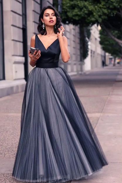Glamorous A-Line V Neck Spaghetti Strap Low Open Back Floor Length Evening Gala Dress