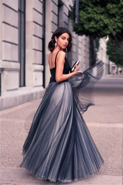 Glamorous A-Line V Neck Spaghetti Strap Low Open Back Floor Length Evening Gala Dress