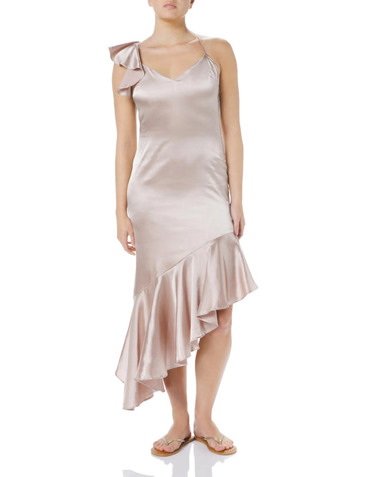 Glamorous Asymmetric Ruffle Hem Satin Evening Dress with One-Shoulder Ruffle