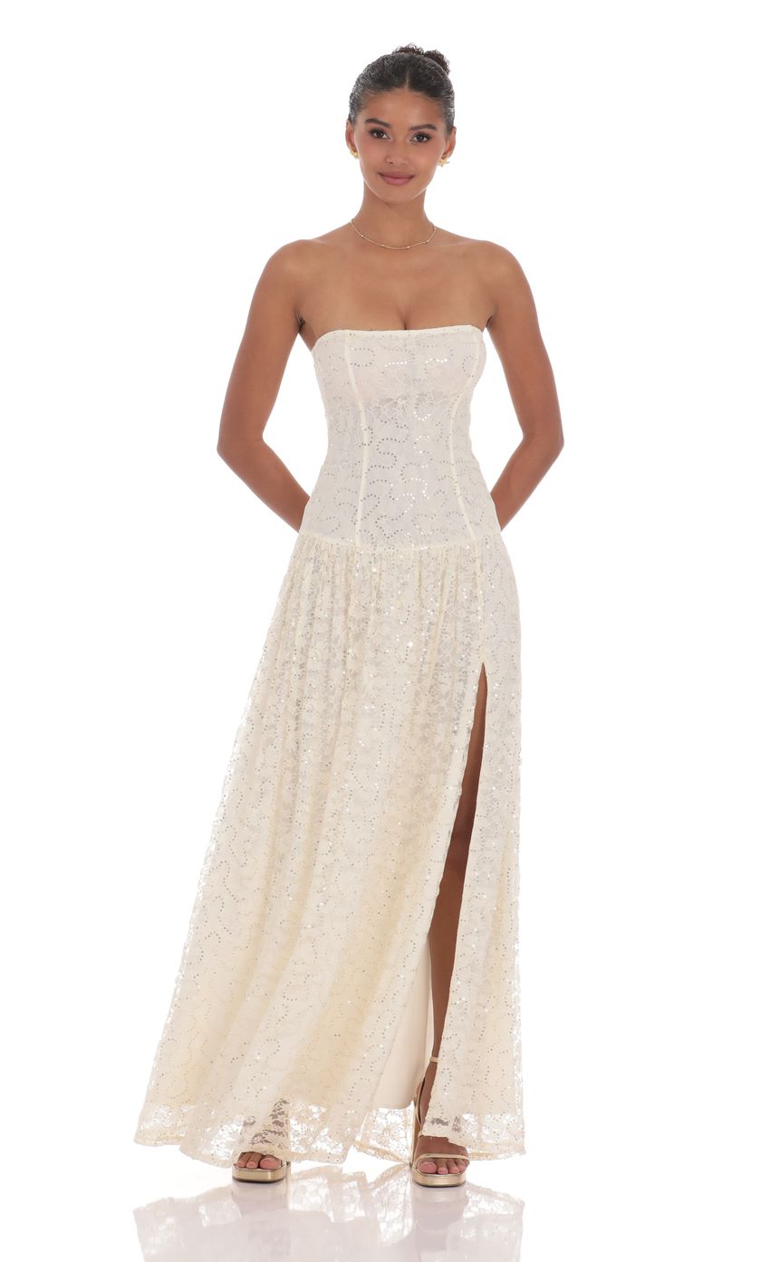 Glamorous Ballgown Strapless Sleeveless Open-Back Ivory Sequin-Lace Floor-Length Prom Dresses