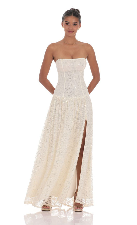 Glamorous Ballgown Strapless Sleeveless Open-Back Ivory Sequin-Lace Floor-Length Prom Dresses