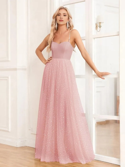 Glamorous Ballgown Sweetheart Spaghetti-Strap Zipper-Back Maxi Evening Dress