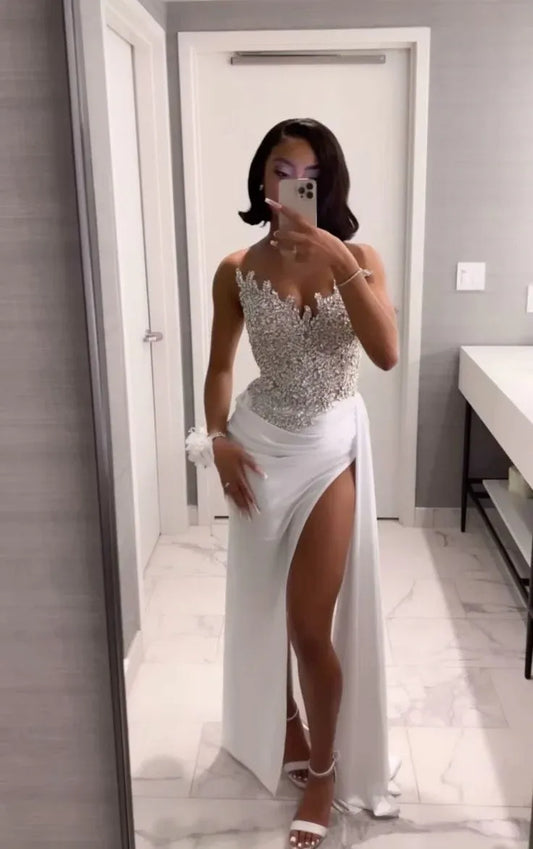 Glamorous Beaded Lace Satin Maxi Dress with High Slit