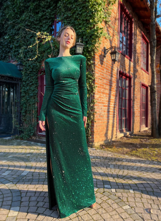 Glamorous Bodycon Boat Neck Long Sleeve Open Back High-Slit Maxi Evening Dress