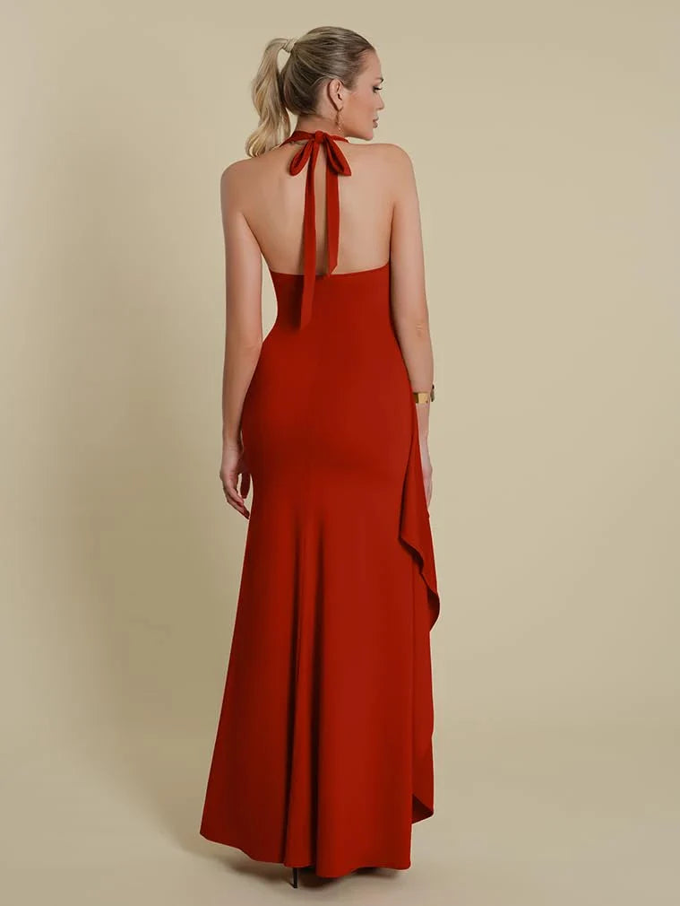 Glamorous Bodycon Halter Deep V-Neck Sleeveless Tie-Back High-Slit Maxi Evening Dress