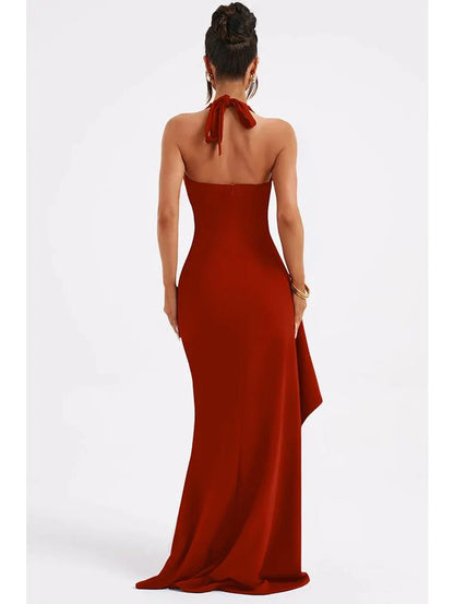 Glamorous Bodycon Halter Deep V-Neck Sleeveless Tie-Back High-Slit Maxi Evening Dress