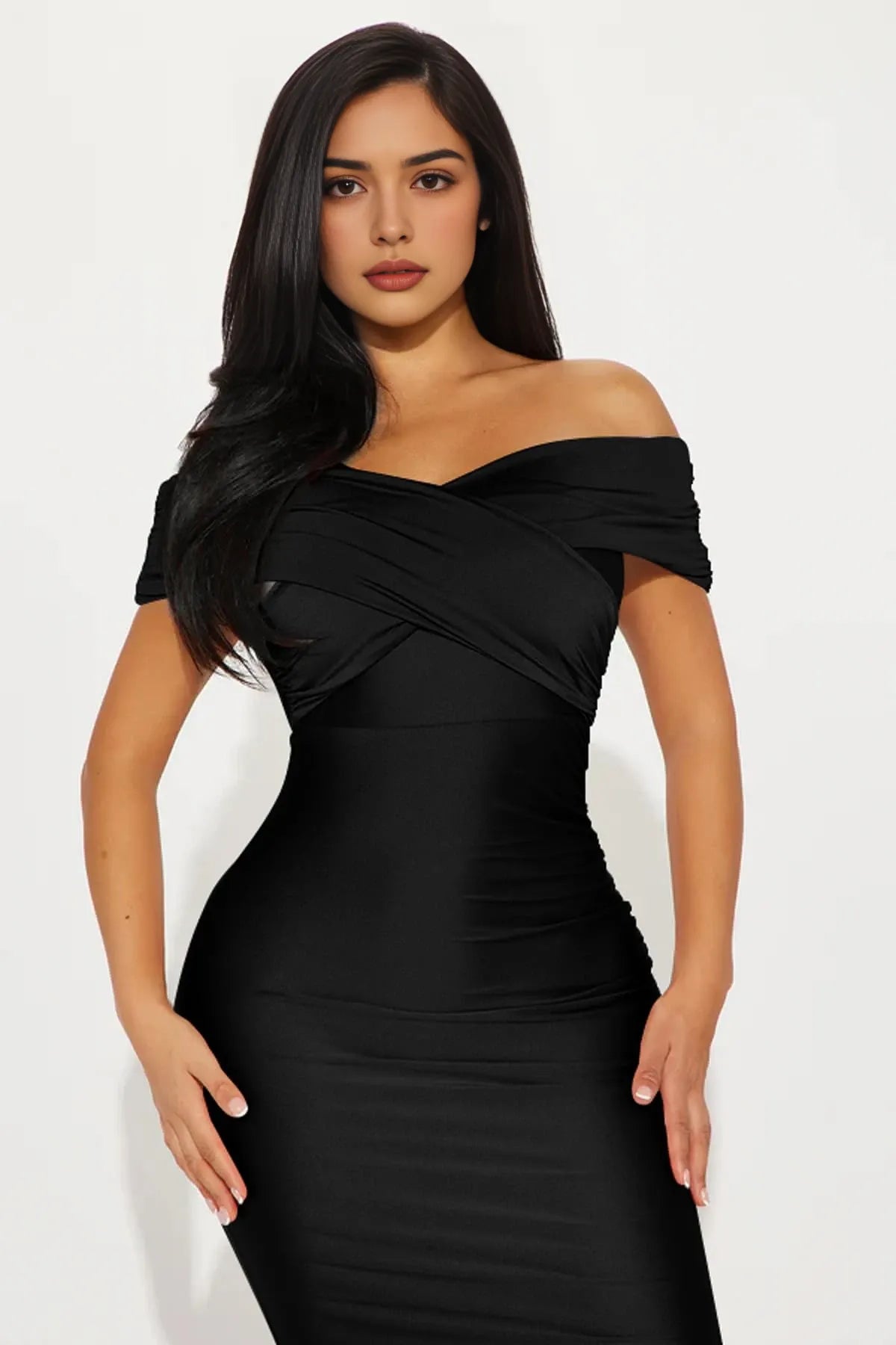 Glamorous Bodycon Backless Off-Shoulder Ruched High-Slit Maxi Evening Dress