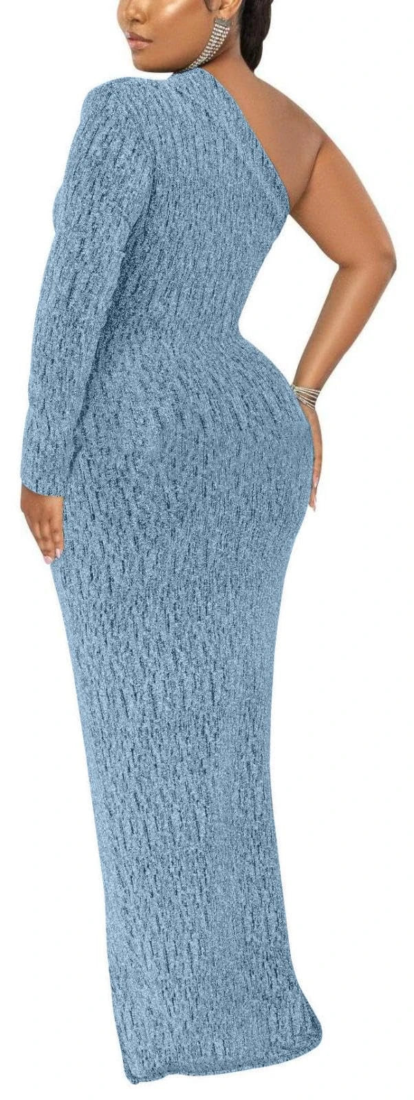 Glamorous Bodycon One-Shoulder Long Sleeve Textured High-Slit Maxi Evening Dress