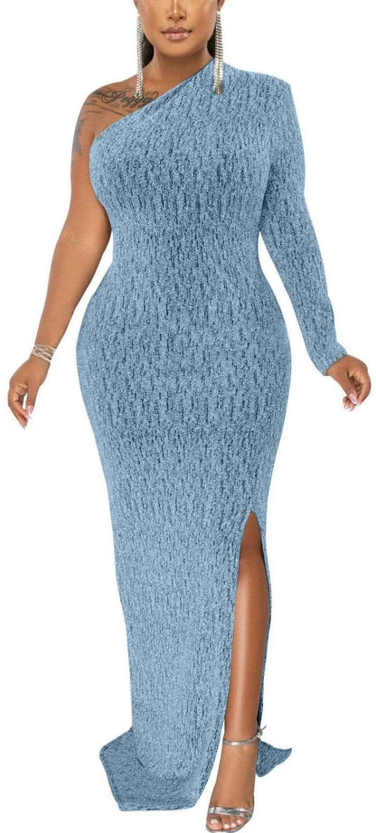Glamorous Bodycon One-Shoulder Long Sleeve Textured High-Slit Maxi Evening Dress