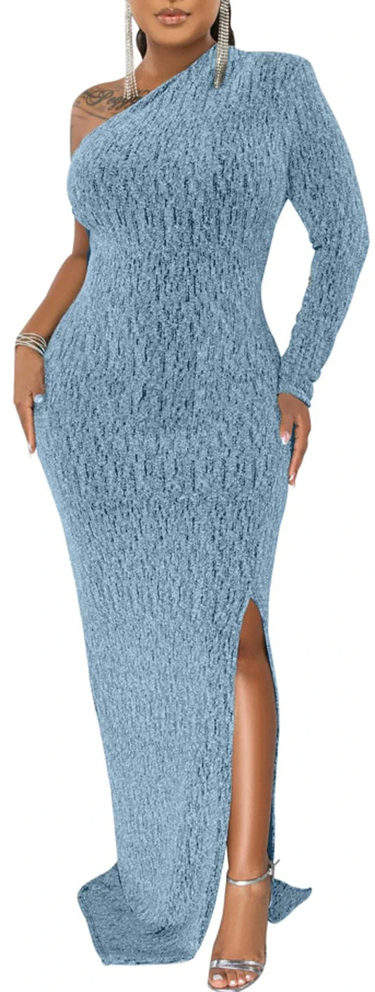 Glamorous Bodycon One-Shoulder Long Sleeve Textured High-Slit Maxi Evening Dress