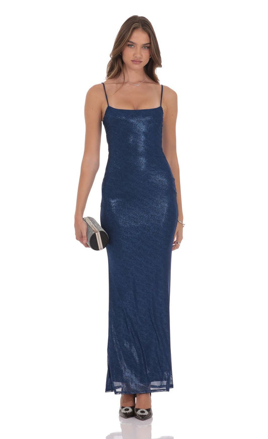 Glamorous Bodycon Square-Neck Spaghetti-Strap Open-Back Navy Sequin Floor-Length Prom Dresses