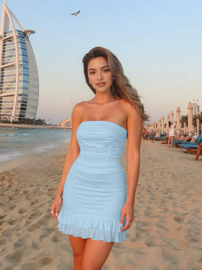 Glamorous Bodycon Square Strapless Bow Back Ruffled Mini Homecoming Dresses