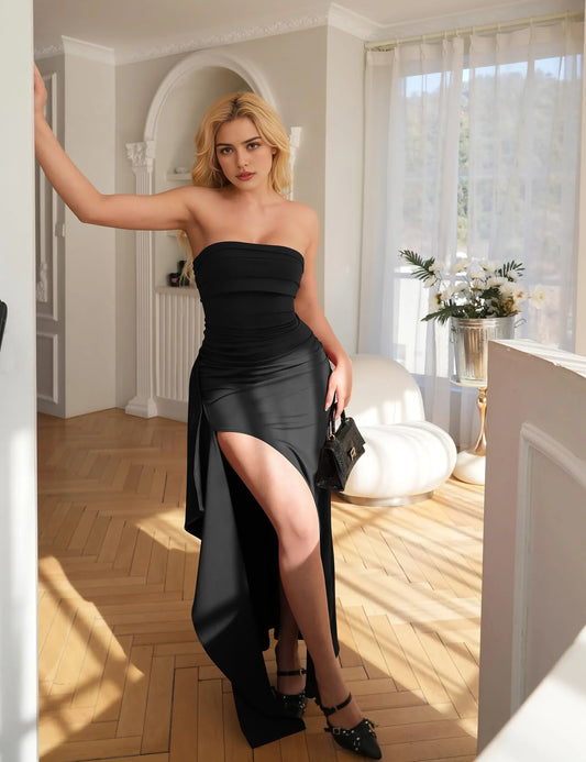 Glamorous Bodycon Strapless Sleeveless Zip Back High-Slit Maxi Evening Dress