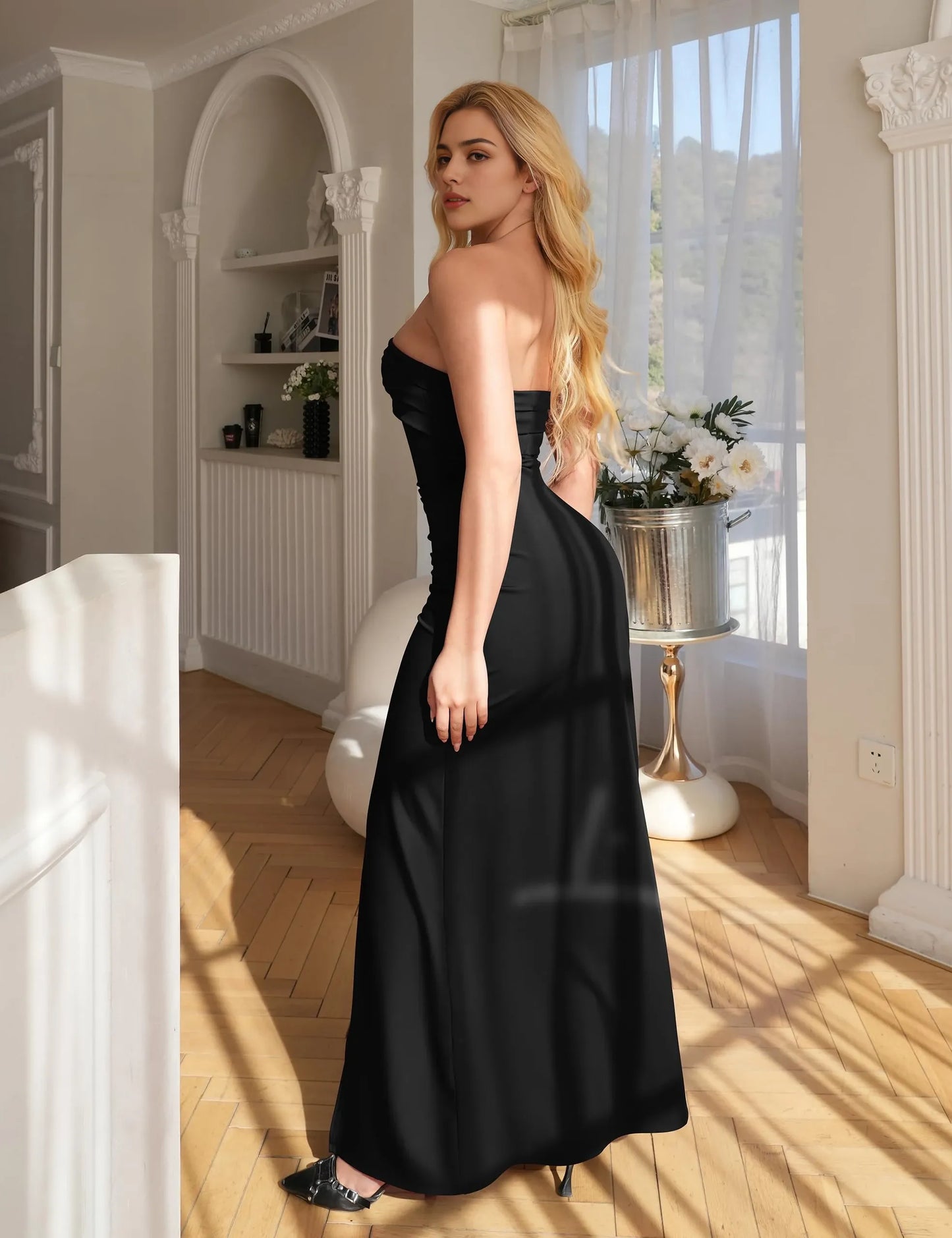 Glamorous Bodycon Strapless Sleeveless Zip Back High-Slit Maxi Evening Dress