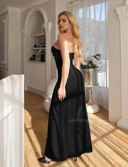 Glamorous Bodycon Strapless Sleeveless Zip Back High-Slit Maxi Evening Dress