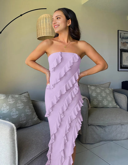 Glamorous Bodycon Strapless Sleeveless Ruffle Trim High-Slit Maxi Evening Dress