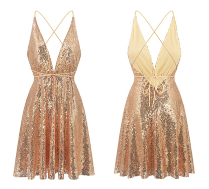 Glamorous Fit & Flare Deep-V Neck Crisscross-Back Sequin Mini Evening Dress