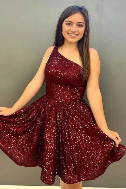 Glamorous Fit & Flare One-Shoulder Sequin Mini Evening Dress