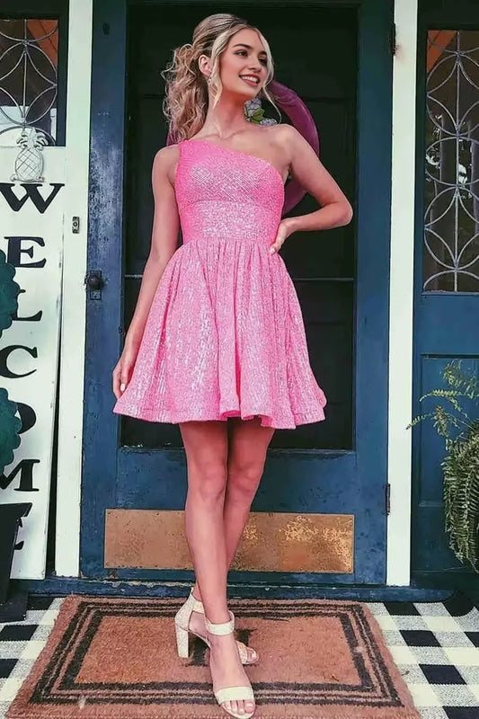 Glamorous Fit & Flare One-Shoulder Sequin Mini Evening Dress