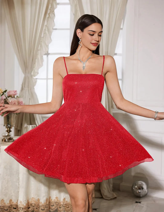 Glamorous Fit & Flare Square-Neck Spaghetti-Strap Bow-Back Glitter Mini Evening Dress