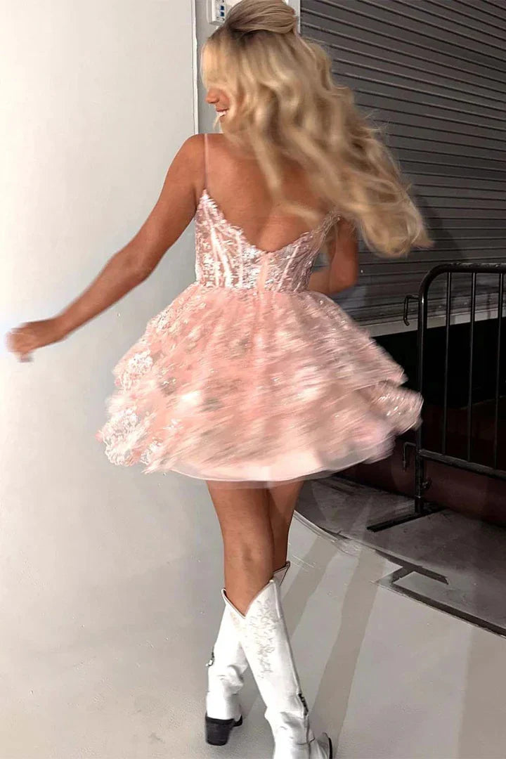 Glamorous Fit & Flare Sweetheart-Neck Lace-Embellished Sequin Mini Evening Dress