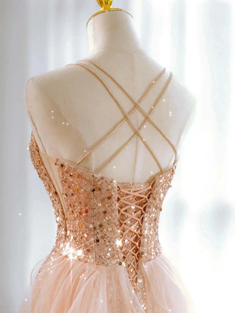 Glamorous Fit & Flare Sweetheart-Neck Sequin-Embellished Tulle Crisscross-Strap Mini Evening Dress