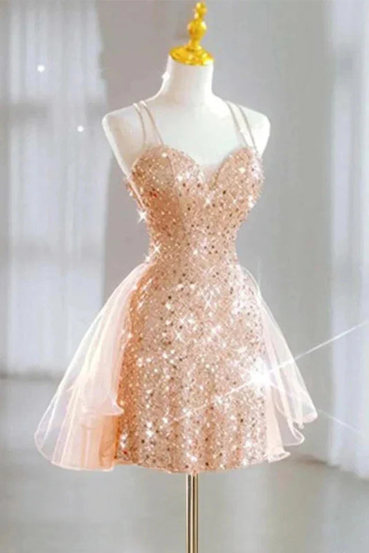 Glamorous Fit & Flare Sweetheart-Neck Sequin-Embellished Tulle Crisscross-Strap Mini Evening Dress