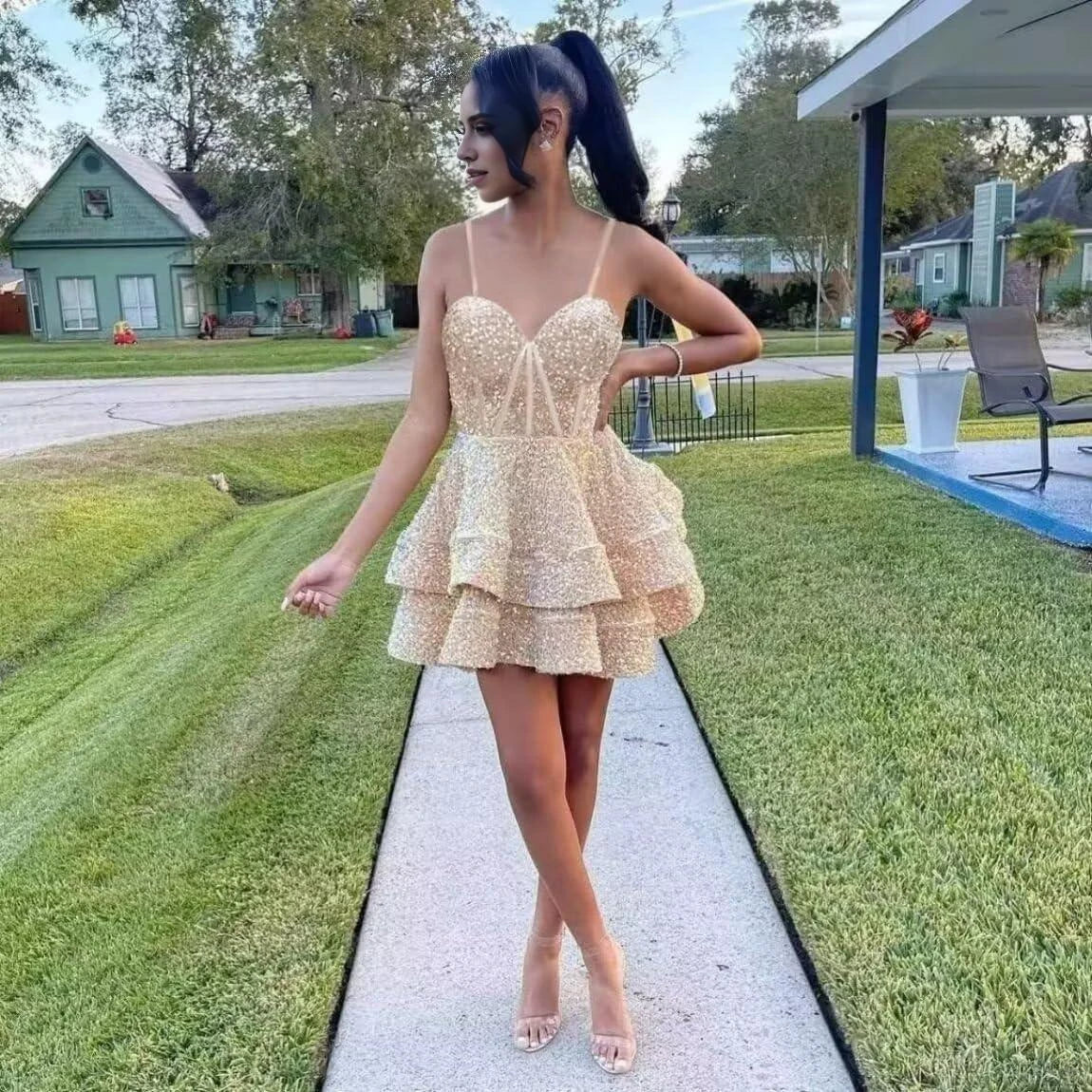 Glamorous Fit & Flare Sweetheart-Neck Spaghetti-Strap Crisscross-Lace-Up-Back Tiered Sequin Mini Evening Dress