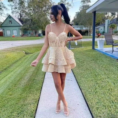 Glamorous Fit & Flare Sweetheart-Neck Spaghetti-Strap Crisscross-Lace-Up-Back Tiered Sequin Mini Evening Dress