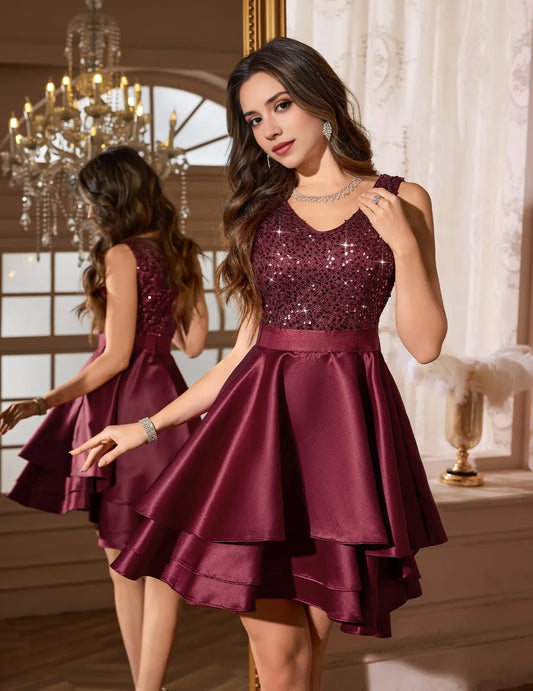 Glamorous Fit & Flare V-Neck Sequin-Embellished Satin Tiered-Mini Evening Dress