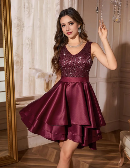 Glamorous Fit & Flare V-Neck Sequin-Embellished Satin Tiered-Mini Evening Dress
