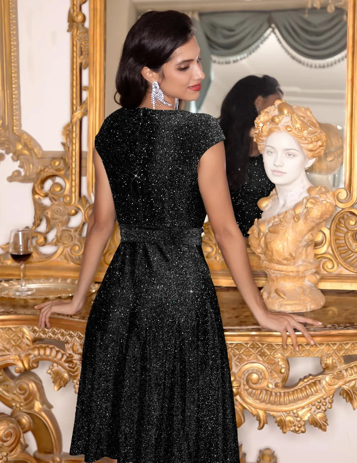 Glamorous Glitter Round Neck Cap Sleeve Belted A-Line Midi Evening Dress