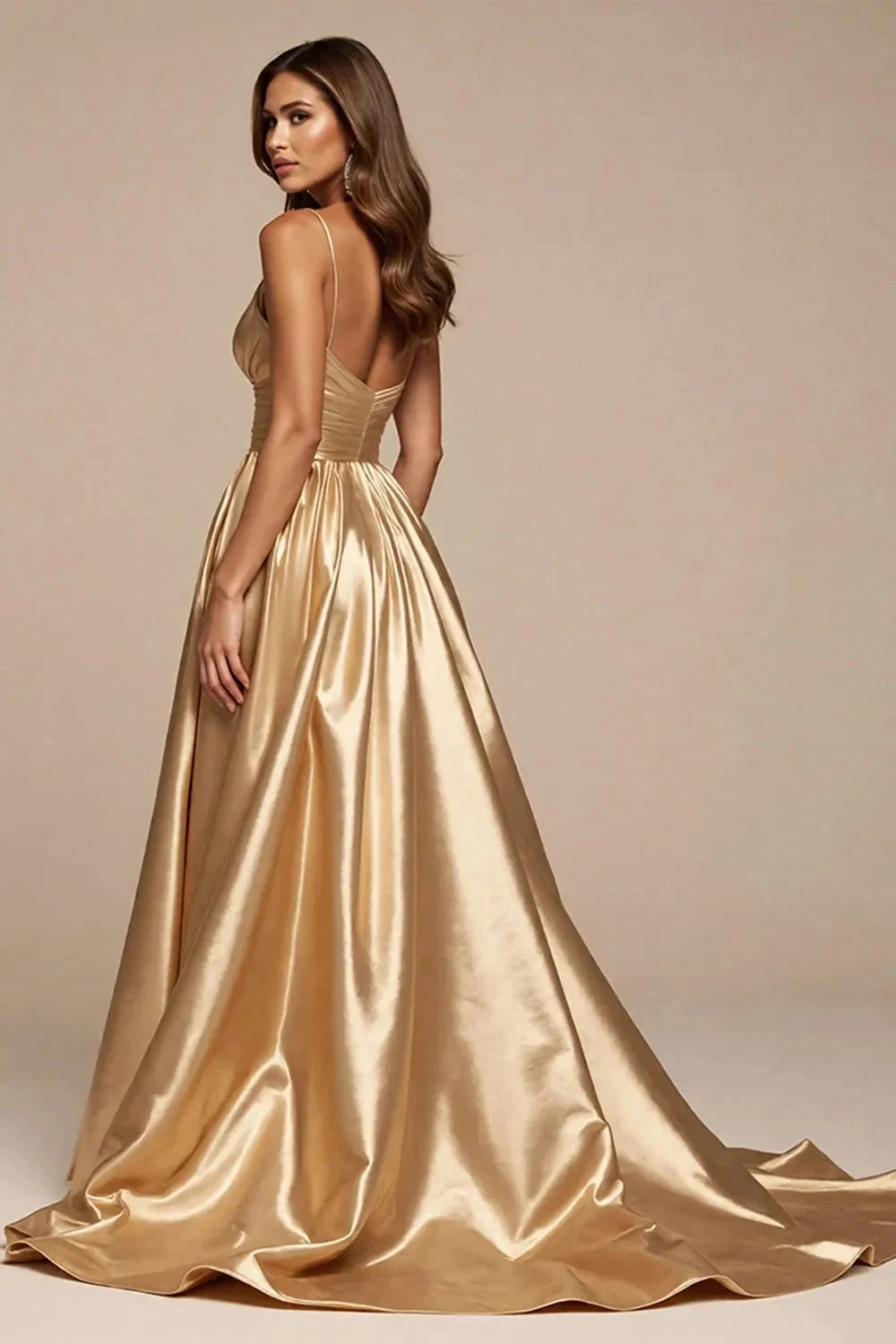 Glamorous Satin Deep V-Neck Spaghetti Straps Open-Back High-Slit Floor-Length Evening Dress