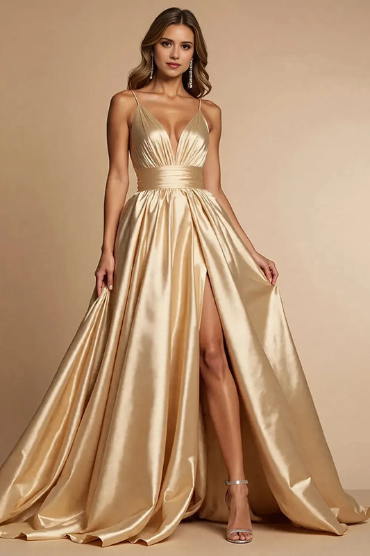 Glamorous Satin Deep V-Neck Spaghetti Straps Open-Back High-Slit Floor-Length Evening Dress