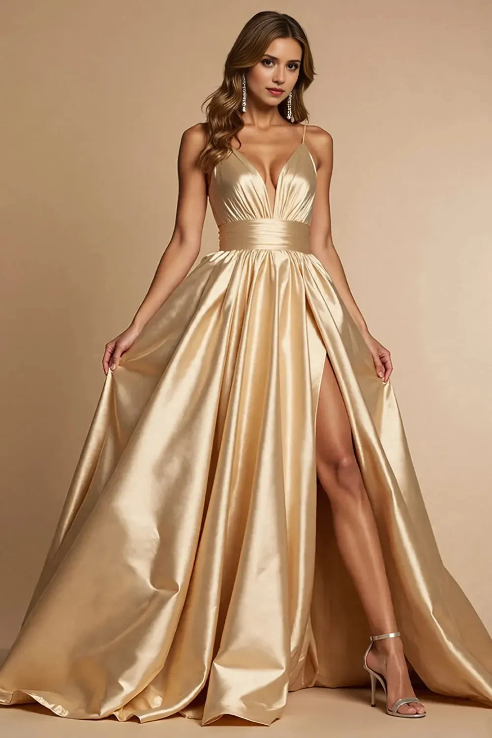 Glamorous Satin Deep V-Neck Spaghetti Straps Open-Back High-Slit Floor-Length Evening Dress