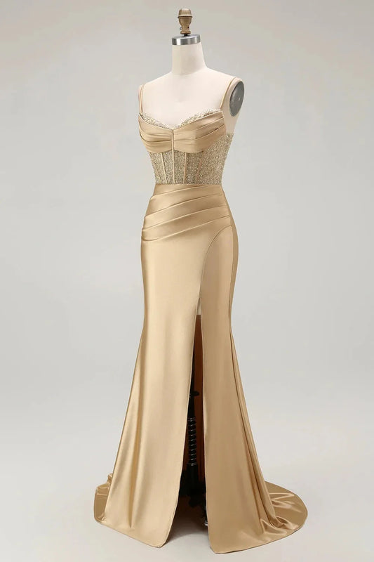 Glamorous Spaghetti Straps Lace-Embellished Satin Mermaid Evening Dress with Side Slit