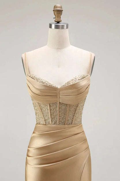 Glamorous Spaghetti Straps Lace-Embellished Satin Mermaid Evening Dress with Side Slit