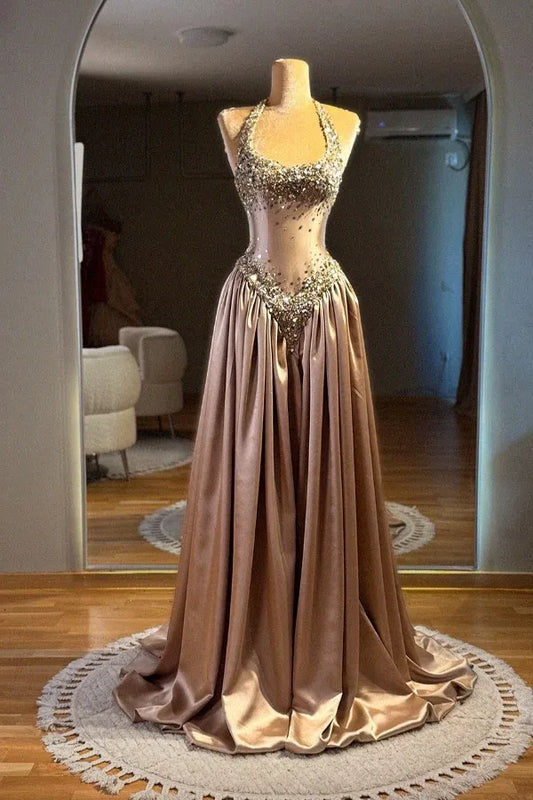 Glamorous Halter Neck Beaded Sheer Corset Satin A-Line Maxi Dress with Train