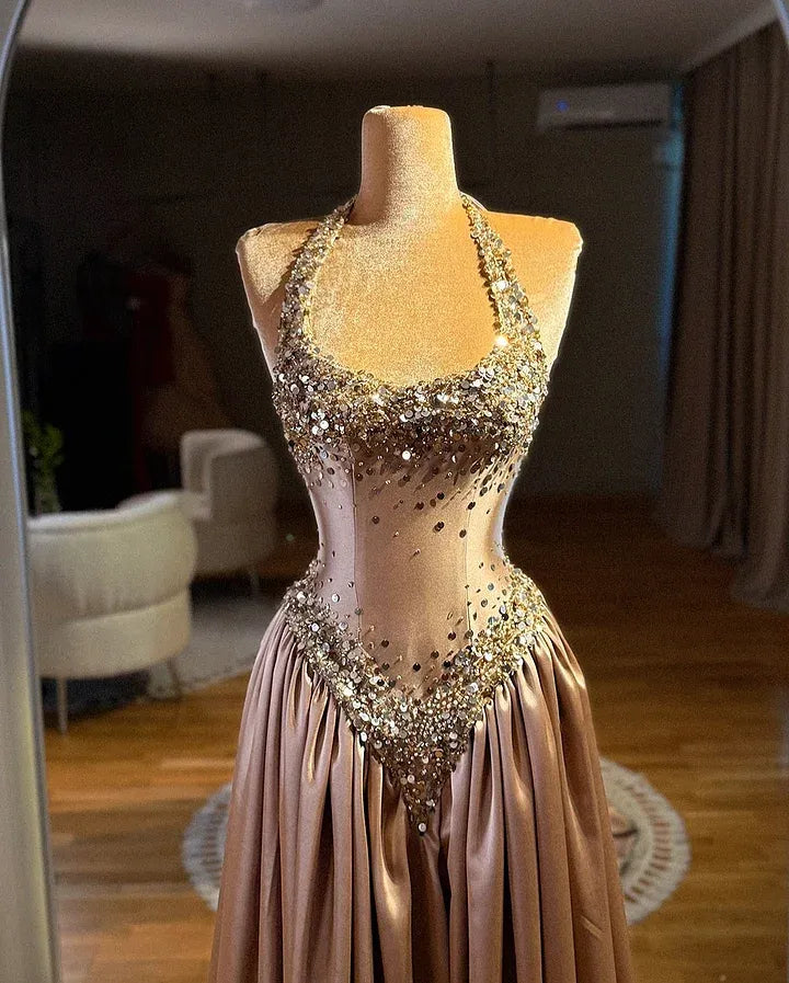 Glamorous Halter Neck Beaded Sheer Corset Satin A-Line Maxi Dress with Train