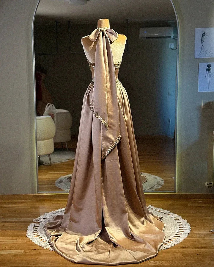 Glamorous Halter Neck Beaded Sheer Corset Satin A-Line Maxi Dress with Train