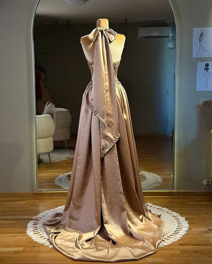 Glamorous Halter Neck Beaded Sheer Corset Satin A-Line Maxi Dress with Train