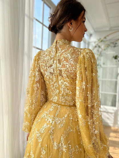 Glamorous High Neck Lantern Sleeve Sequin Lace Embroidered Maxi Evening Dress