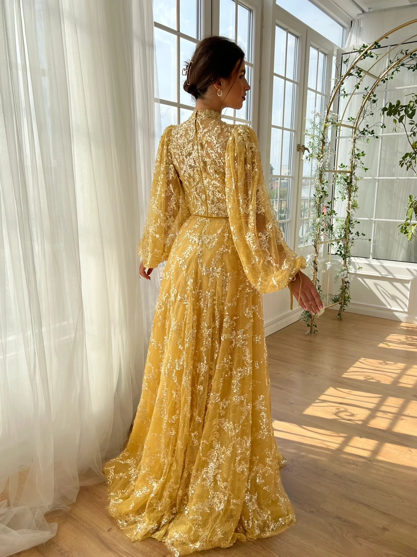Glamorous High Neck Lantern Sleeve Sequin Lace Embroidered Maxi Evening Dress