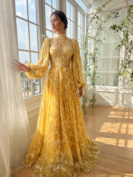 Glamorous High Neck Lantern Sleeve Sequin Lace Embroidered Maxi Evening Dress