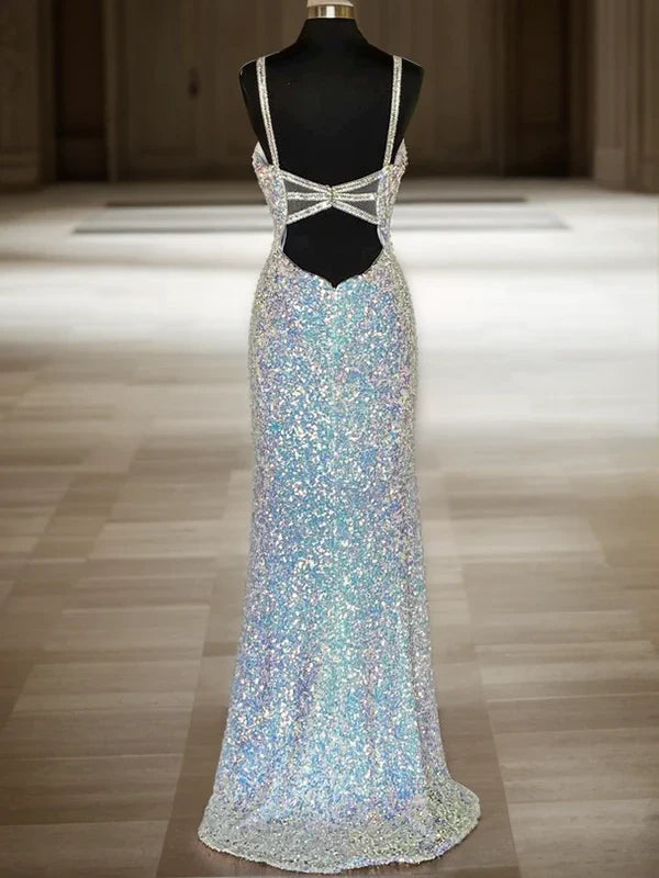 Glamorous Iridescent Sequin Spaghetti Strap Deep V-Neck Open-Back High-Slit Mermaid Evening Dress