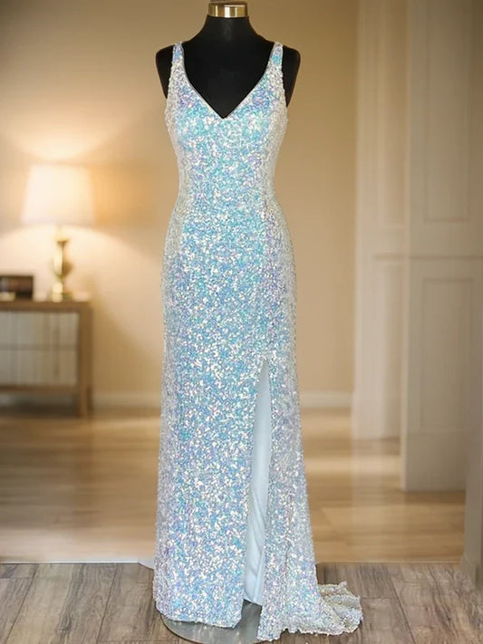 Glamorous Iridescent Sequin Spaghetti Strap Deep V-Neck Open-Back High-Slit Mermaid Evening Dress