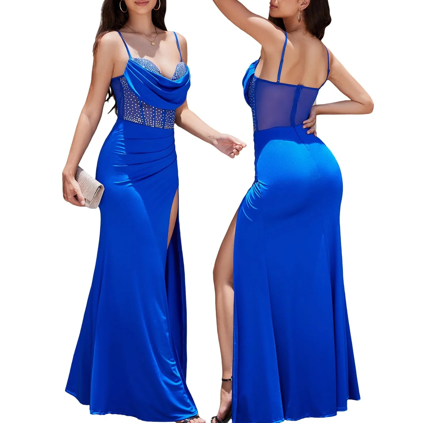Glamorous Mermaid Cowl Neck Spaghetti Strap Beaded High - Slit Floor - Length Evening Dress