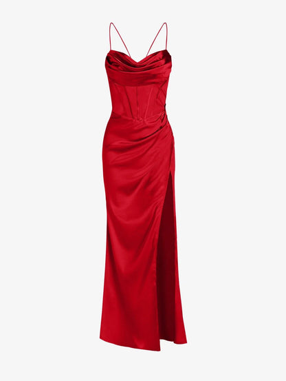 Glamorous Mermaid Cowl-Neck Spaghetti-Strap Lace-Up-Back Maxi Evening Dress