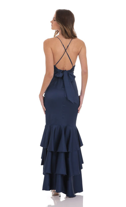 Glamorous Mermaid Deep-V Cross-Strap Open-Back Satin Tiered High-Low Prom Dresses
