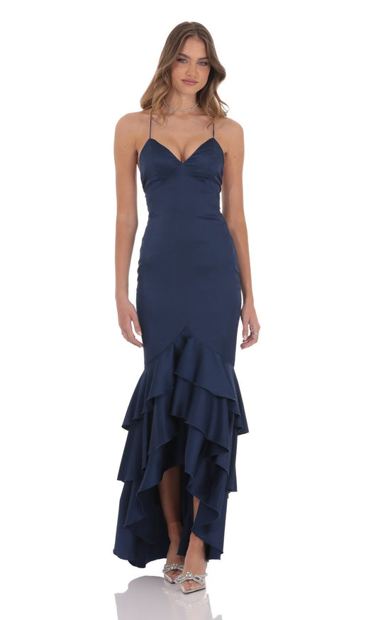 Glamorous Mermaid Deep-V Cross-Strap Open-Back Satin Tiered High-Low Prom Dresses